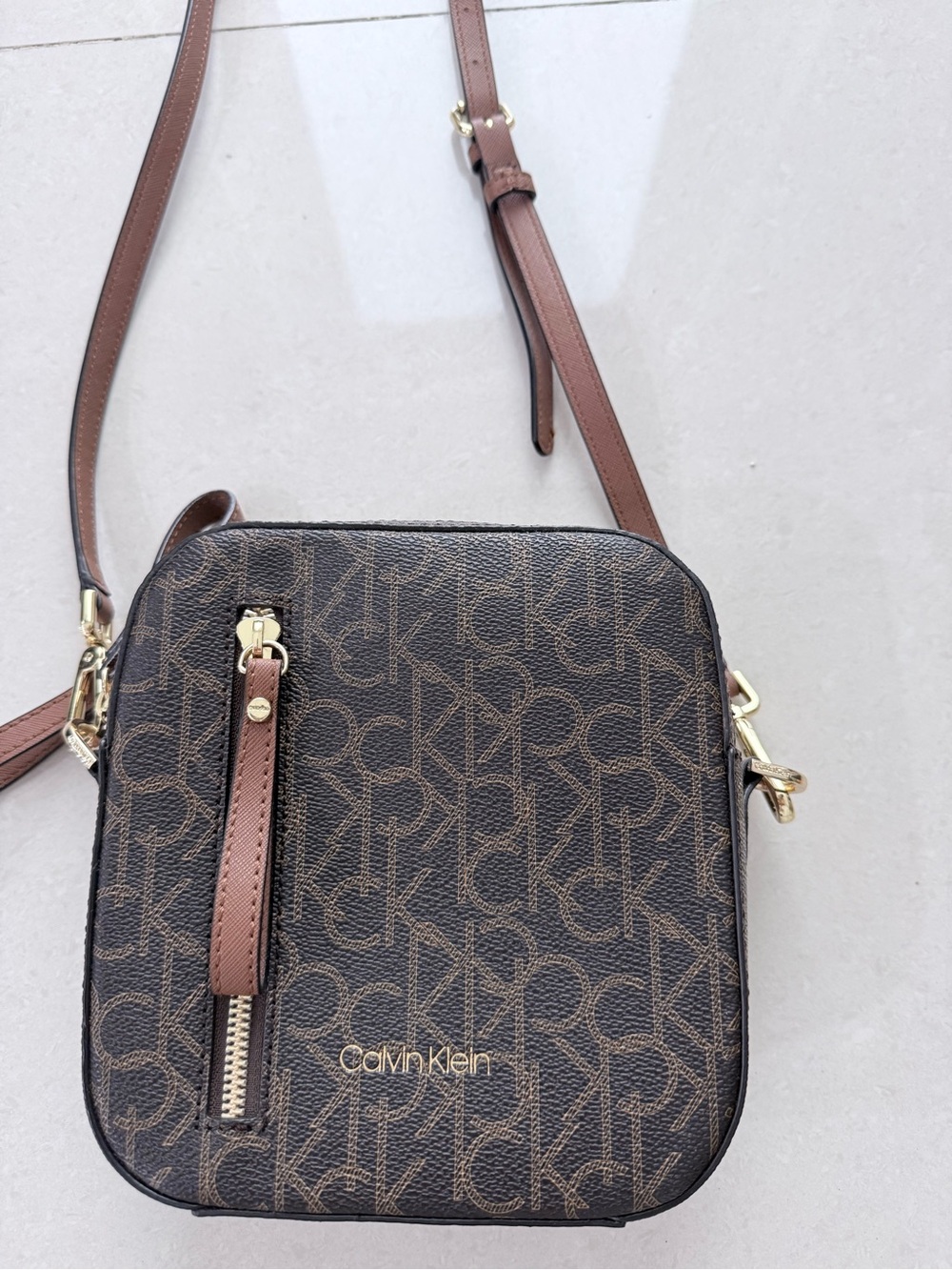 Calvin Klein Brown Monogram Square Crossbody with Tan Strap - Picture 3 of 7